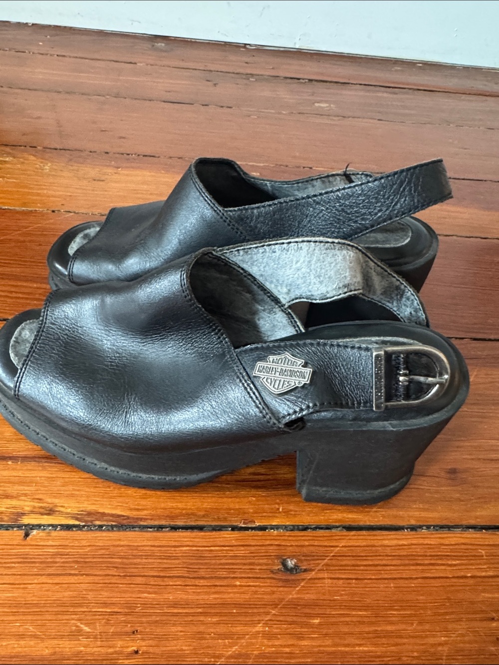 Harley-Davidson Black Leather Peep-Toe Slingback Clogs